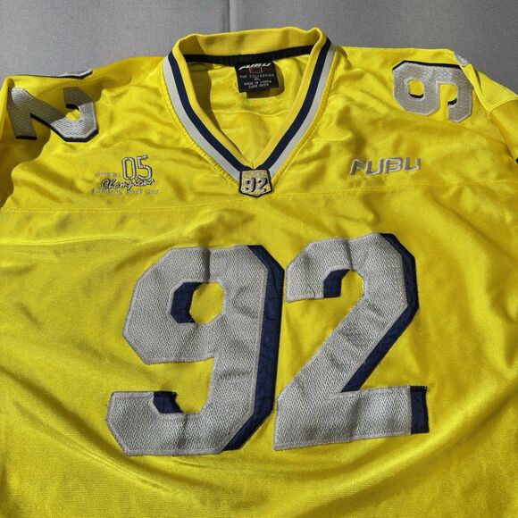 VTG FUBU 92 Football Jersey XL Yellow Silver 2000s Hip Hop Streetwear Rare - Picture 2 of 13